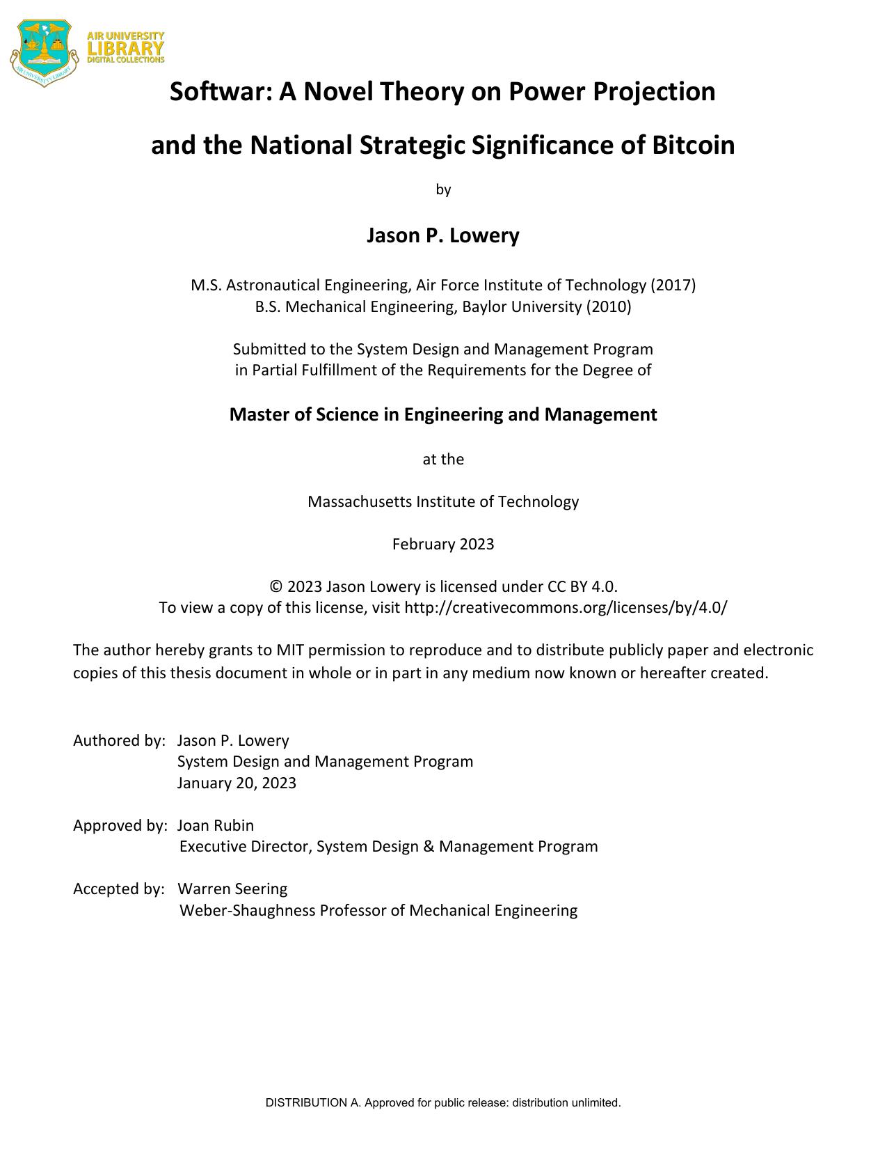 Capa de Softwar: A Novel Theory on Power Projection and the National Strategic Significance of Bitcoin