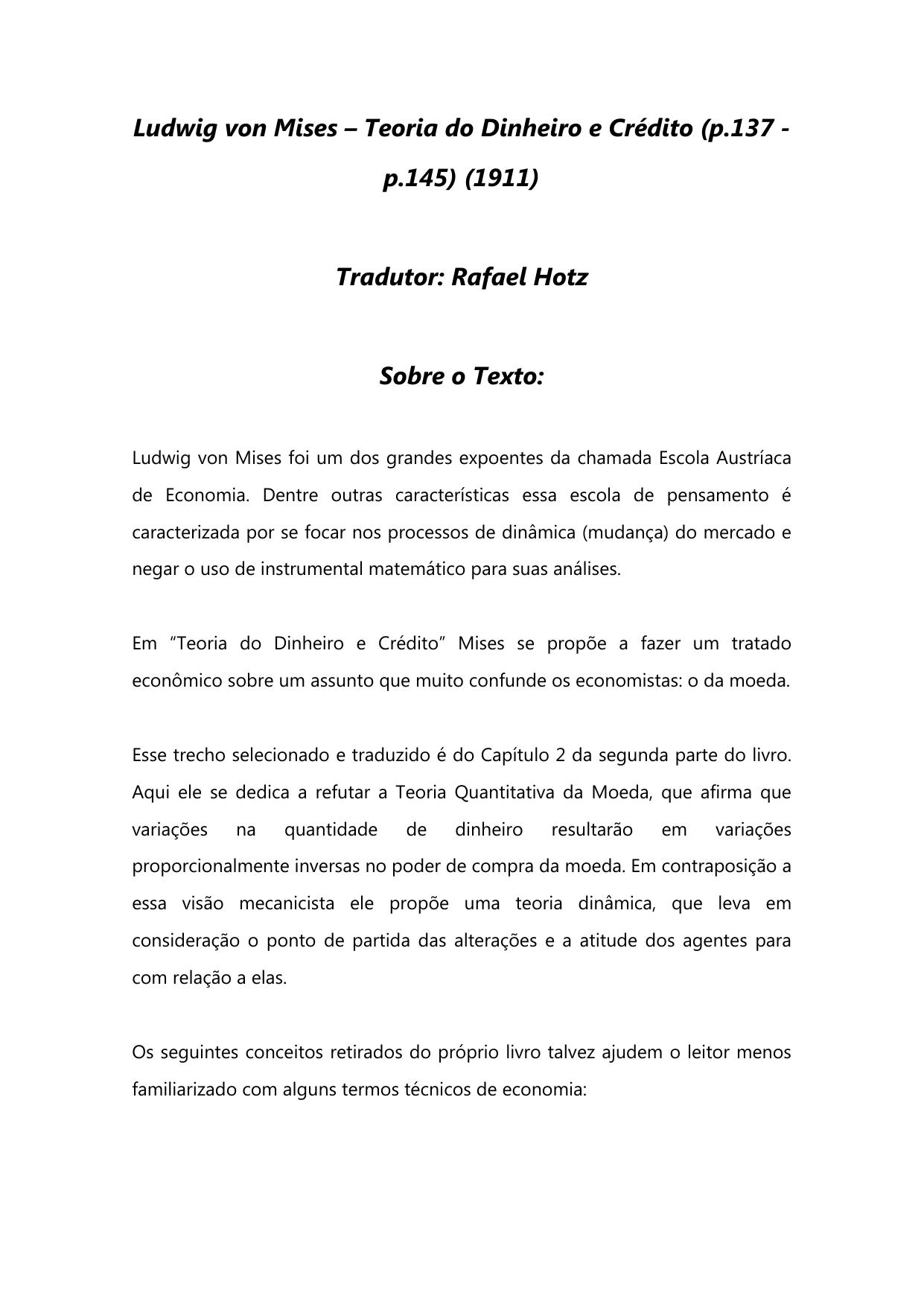Capa de Teoria do Dinheiro e Crédito